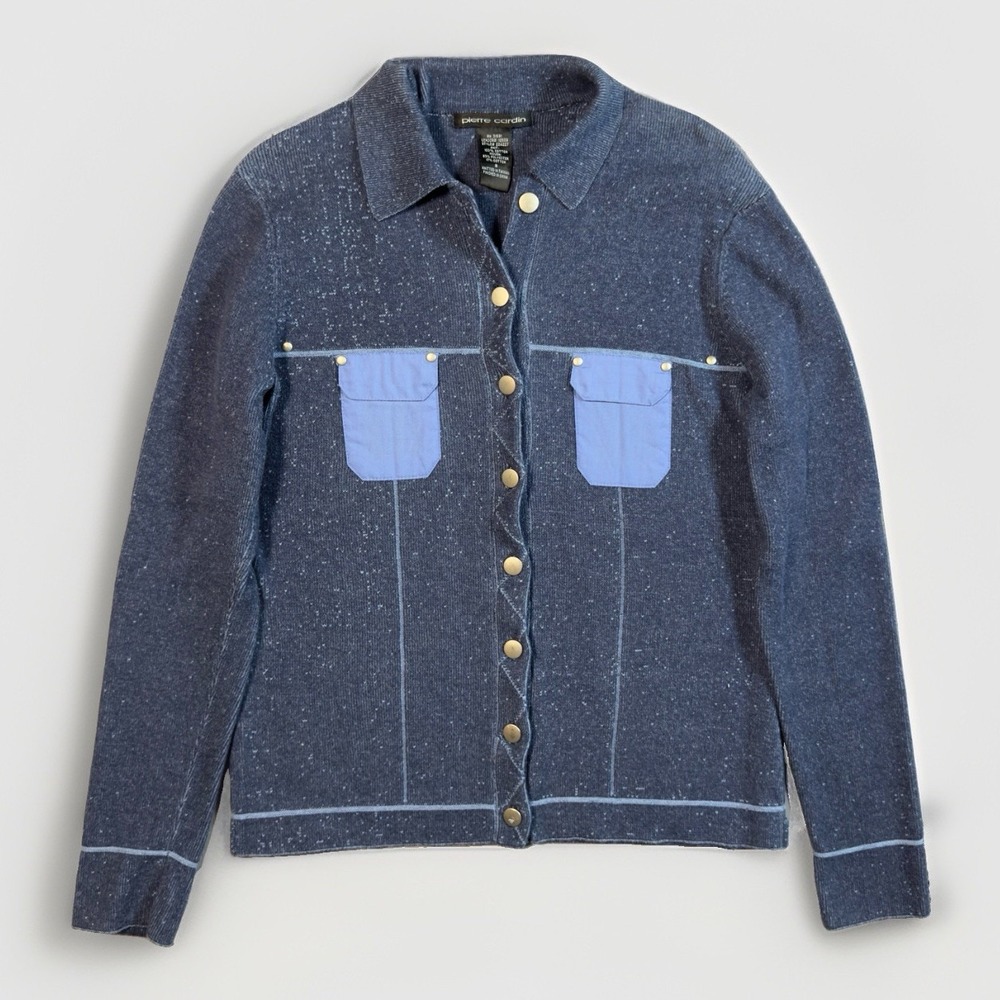 Vintage Pierre Cardin Womens S Knit Jacket Blue Snap Front Utility Pockets